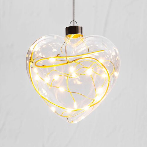Stellar Haus Clear Small Winter Heart Hanging Glass Copper Warm White 12cm